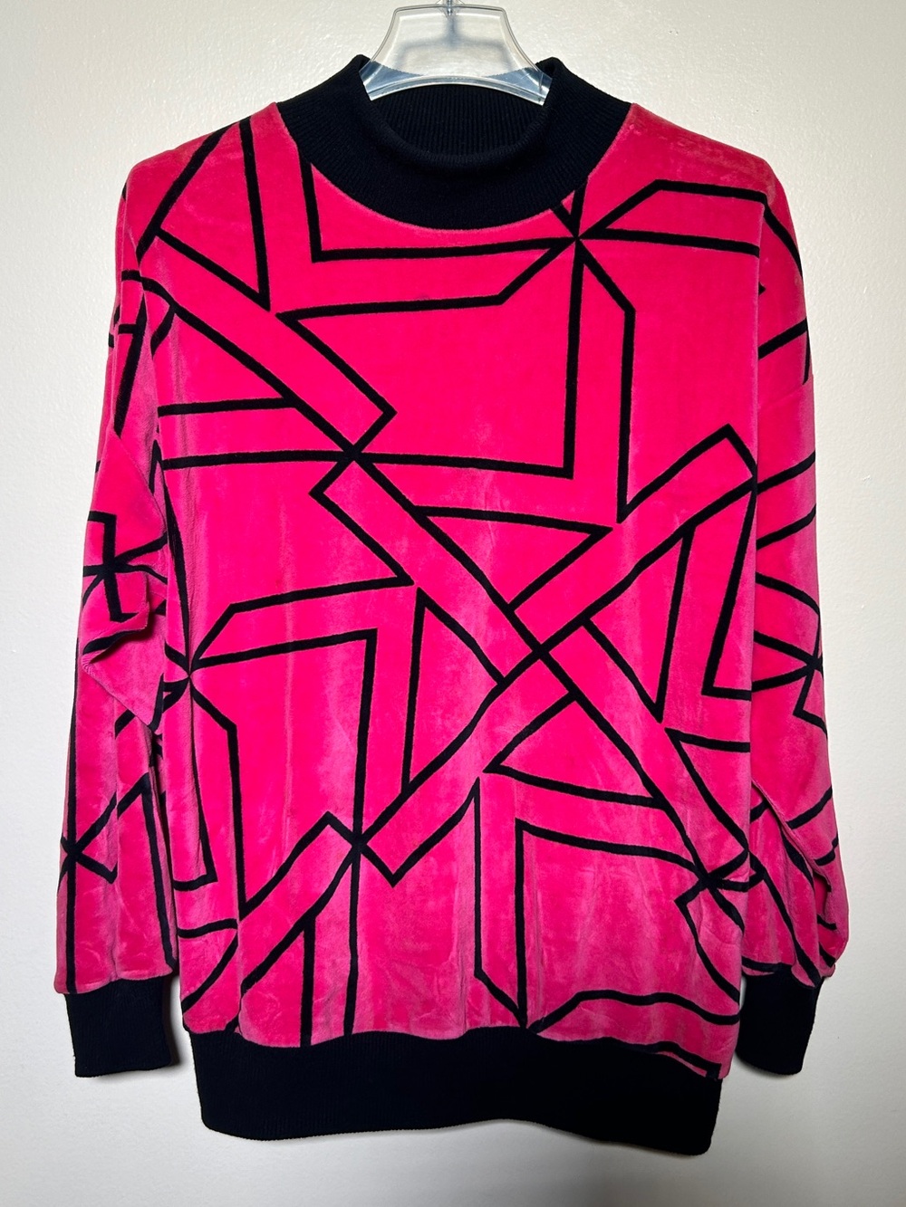 Women’s Hot Pink Geometric Velvet Sweater with Black Trim